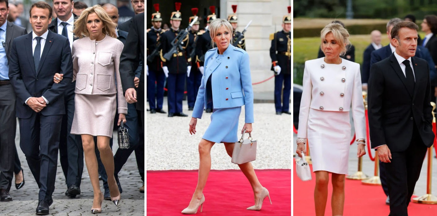 Từ lâu, bà Brigitte Macron được ca ngợi là một trong những đệ nhất phu nhân có phong cách không thua kém các biểu tượng thời trang, bên cạnh bà Melania Trump và Bành Lệ Viện... Bà Macron đặc biệt yêu thích thương hiệu Louis Vuiton, nhà mốt tiêu biểu cho tinh thần Pháp. Bà thường diện nguyên cây Louis Vuiton, từ áo, váy đến túi xách tại sự kiện quan trọng. Ảnh: Getty Images.