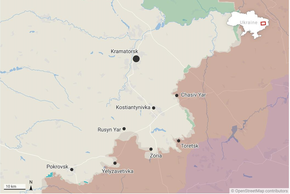 Nga đang ngày càng áp sát Kostyantynivka theo hướng tây nam. Ảnh: Euromaidan Press.
