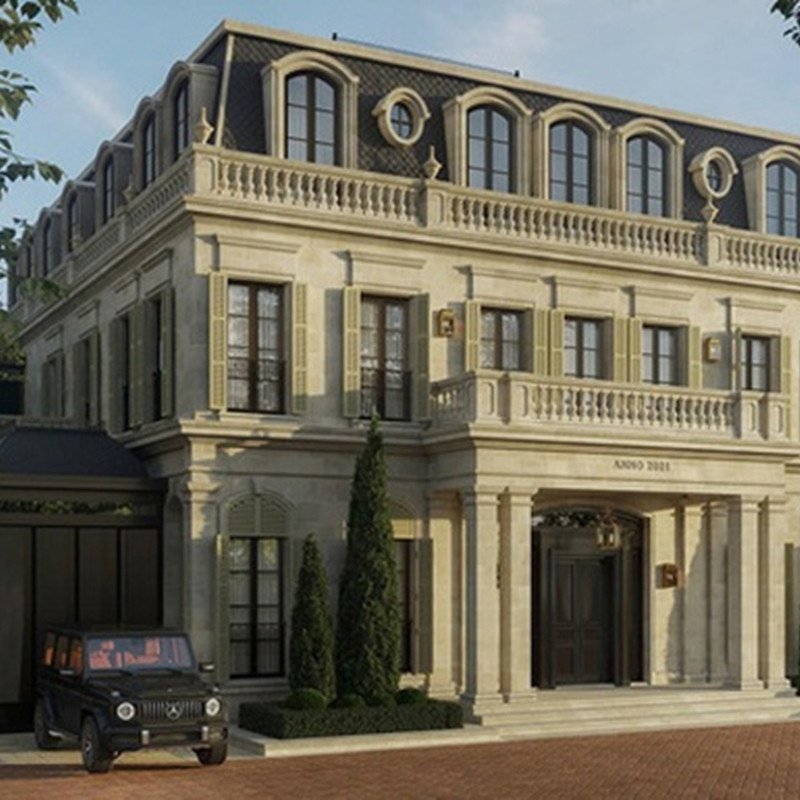 Căn biệt thự 300m2 tại Quận 7 mà vợ chồng nữ đại gia đang "ở tạm" trong lúc chờ biệt thự 400 tỷ (bên phải, hình phối cảnh) hoàn thành.