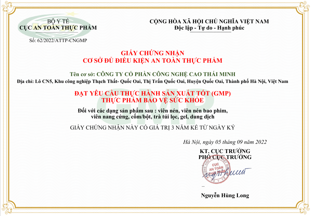 Giấy chứng nhận GMP của Công ty Cổ phần Công nghệ cao Thái Minh