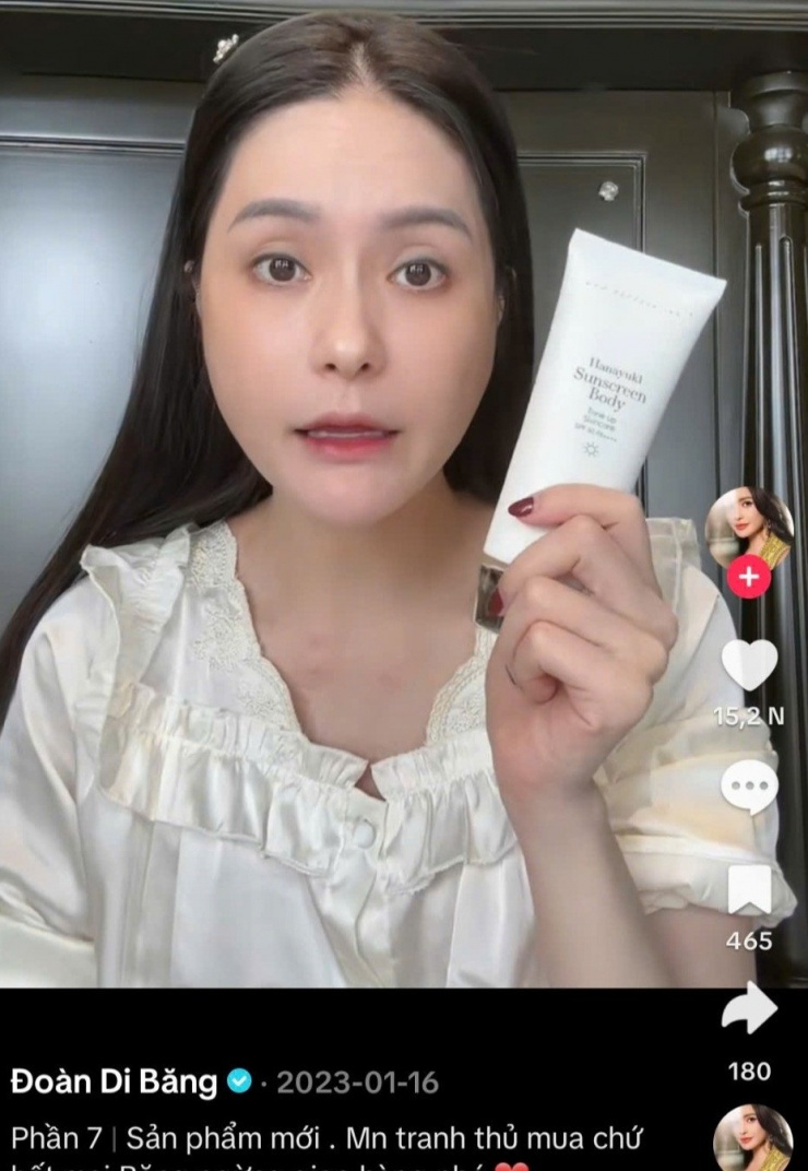 Kem chống nắng Hanayuki được Đoàn Di Băng bắt đầu quảng cáo, giới thiệu trên kênh TikTok cá nhân vào đầu năm 2023. Ảnh chụp màn hình
