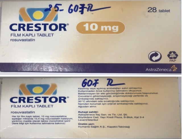 Mẫu thuốc Crestor 10mg (Rosuvastatin) thu được tại Nhà thuốc Đức Anh (Huỳnh Thúc Kháng, Đống Đa, Hà Nội). Ảnh: CQLD
