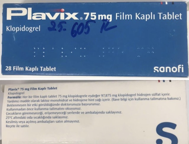 Mẫu thuốc Plavix (Klopidogrel); Số lô: ELB04027 thu được tại Nhà thuốc Đức Anh (Huỳnh Thúc Kháng, Đống Đa, Hà Nội). Ảnh: CQLD
