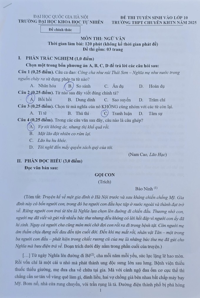 Đề thi Toán, Văn, Anh vào lớp 10 trường chuyên Khoa học Tự nhiên - 1