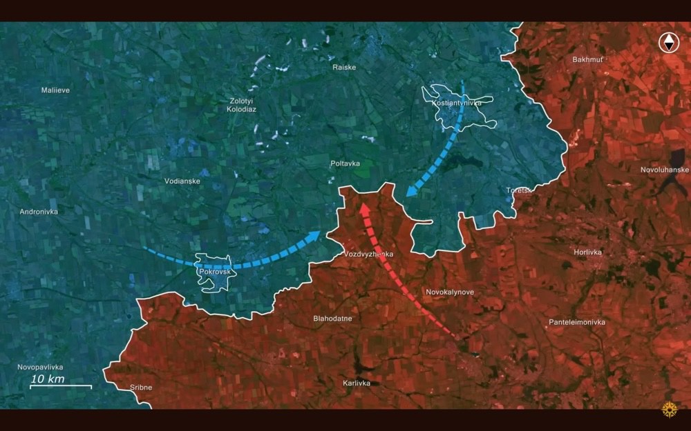 Nga tạo đột phá ở khu vực nằm giữa hai thành phố Pokrovsk và Kostyantynivka ở vùng Donetsk. Ảnh: Euromaidan Press.