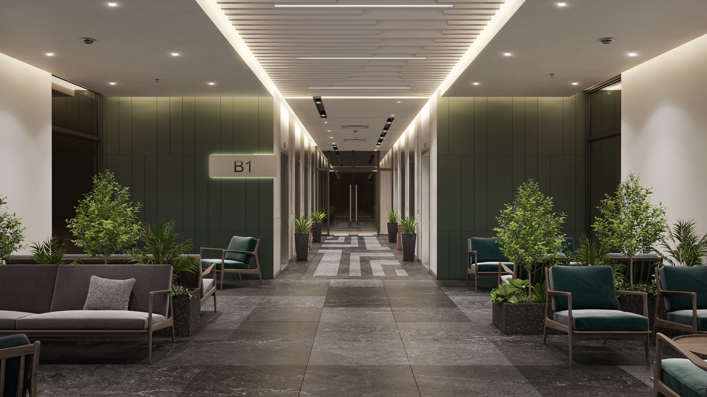 Sảnh đón tầng hầm Sky Retreat với 9 thang máy