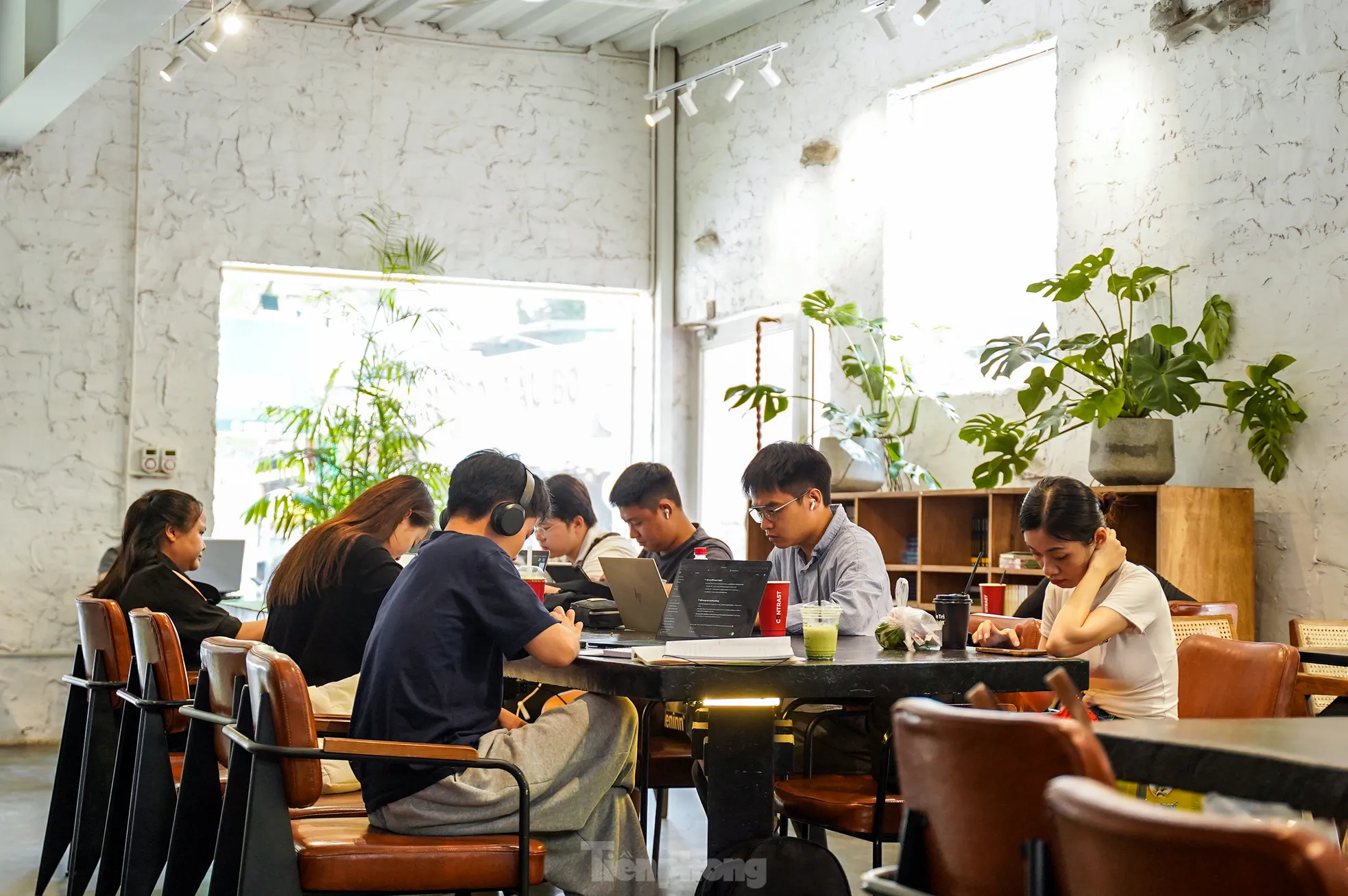 Nhiệt độ bên ngoài oi bức, nhiều người chọn đến quán cà phê hoặc thư viện trường học có máy lạnh để vừa làm việc và tránh nóng.