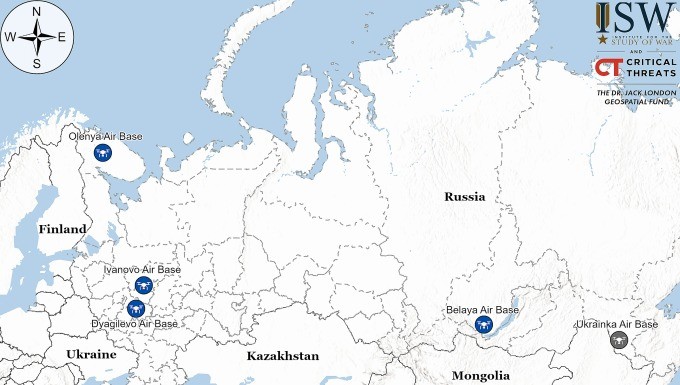 Các căn cứ không quân Nga bị Ukraine tập kích bằng UAV trong cuộc tấn công ngày 1/8. Đồ họa: ISW
