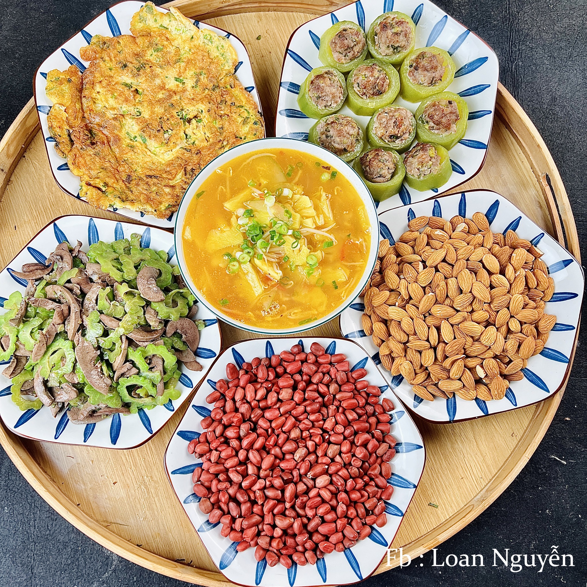 Lạc đỏ - Khổ qua xào cật - Trứng gà chiên - Bầu nhồi thịt hấp - Canh chua