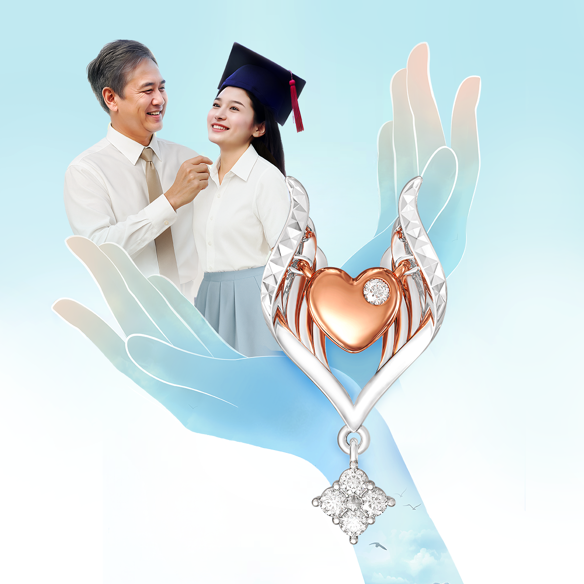 BST mang biểu tượng đôi cánh bao bọc trái tim - tựa như tình yêu thương vô hạn của cha mẹ luôn “chắp cánh” cho con tự tin vững bước trên hành trình trưởng thành. Ảnh: PNJ