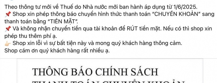 Một shop thông báo thay đổi chính sách thanh toán.&nbsp;