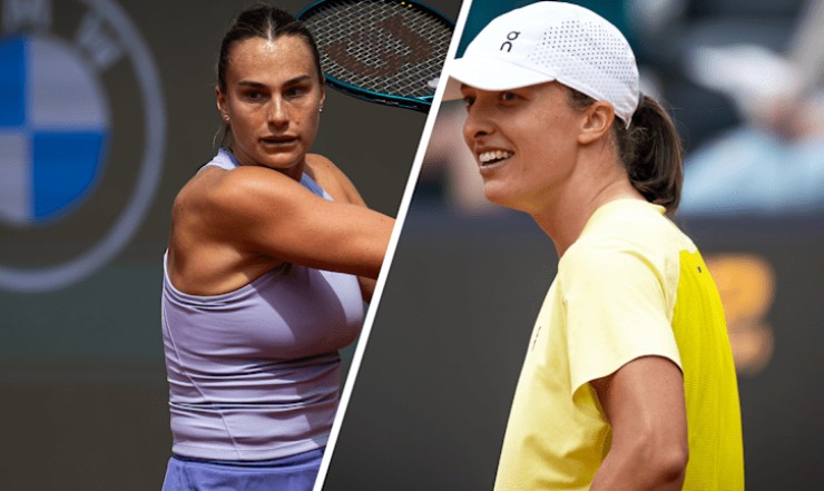 Sabalenka (áo tím) và Swiatek (áo vàng) tạo ra trận "chung kết sớm" ở bán kết Roland Garros 2025