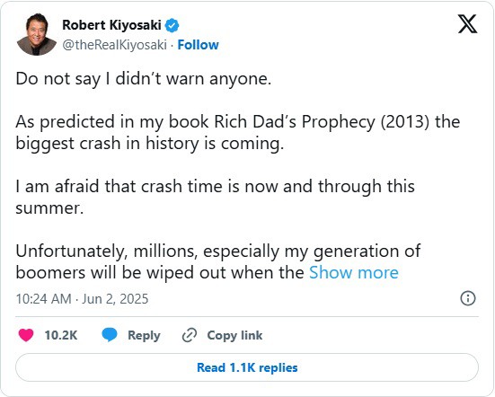 Kiyosaki dự báo vàng, bạc và Bitcoin trên mạng xã hội X.