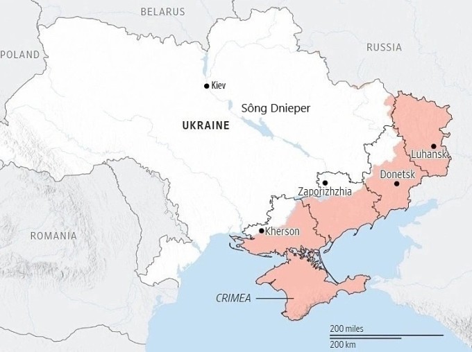 Vị trí sông Dnieper và các vùng lãnh thổ Nga đang kiểm soát (đỏ). Đồ họa: ISW