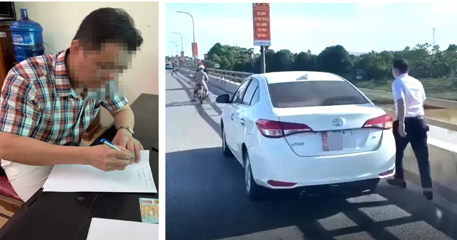 Hình ảnh người đàn ông đỗ xe trên cầu Vạn Hà làm việc với cơ quan công an.