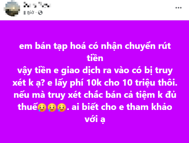Một nhà bán hàng lo ngại về thuế liên quan đến việc nhận chuyển rút tiền qua tài khoản