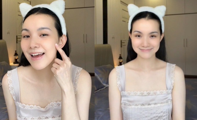 Thùy Lâm khoe mặt mộc căng mịn, ít dấu hiệu tuổi tác.
