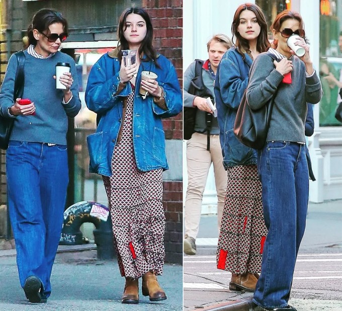 Suri kết hợp áo khoác denim với váy maxi vintage và giày cao bồi trong lần đi dạo khác cùng mẹ. Kaite Holmes từng tiết lộ với tờ The Times rằng Suri có phong cách riêng và tự do trong cách thể hiện bản thân. Nữ diễn viên cũng vui vẻ chia sẻ tủ quần áo của mình với con gái.
