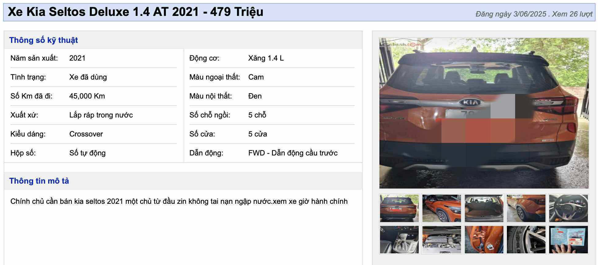 Tin rao bán&nbsp;Kia Seltos Deluxe 1.4 AT sản xuất năm 2021. (Ảnh chụp màn hình)