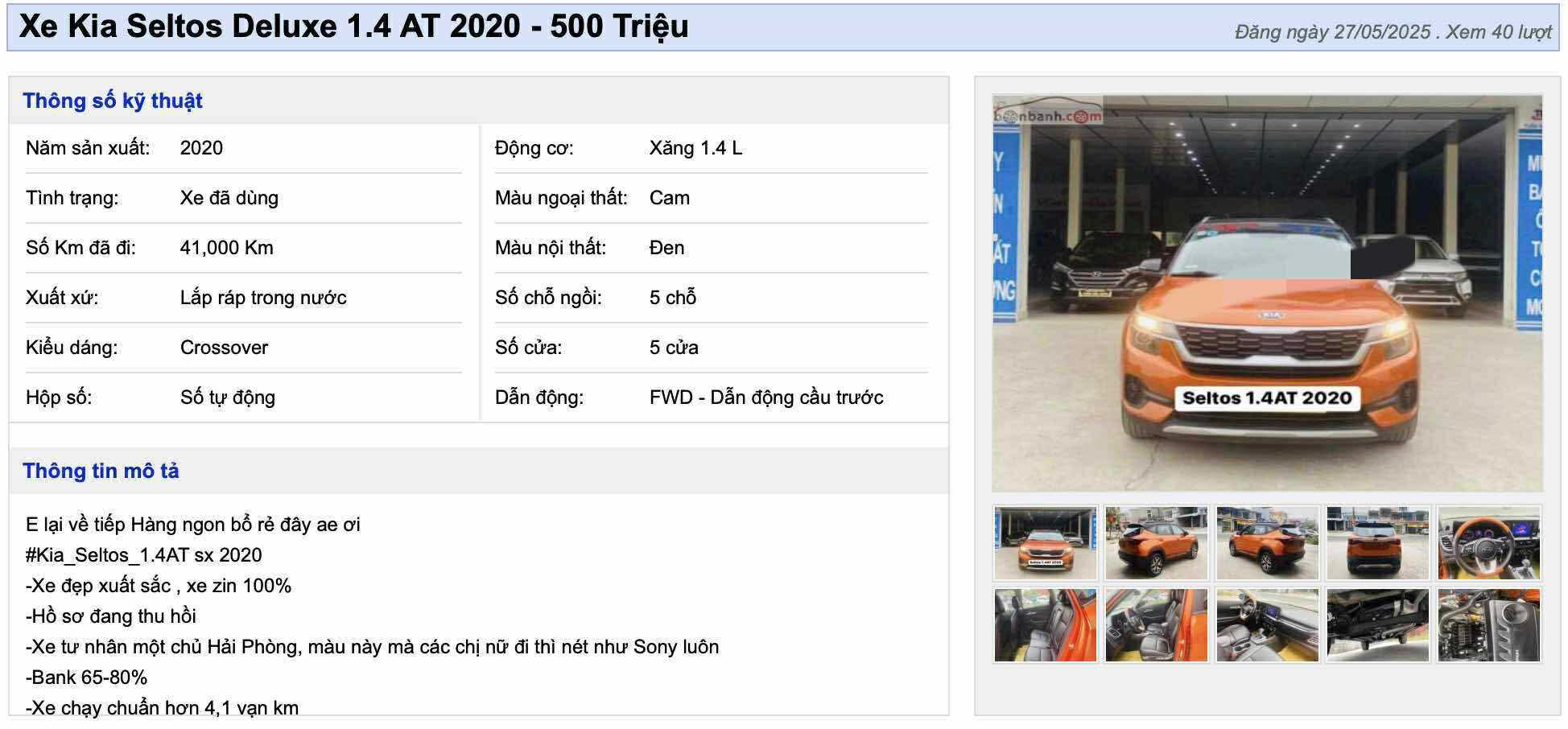 Tin rao bán&nbsp;Kia Seltos Deluxe 1.4 AT đời 2020. (Ảnh chụp màn hình)