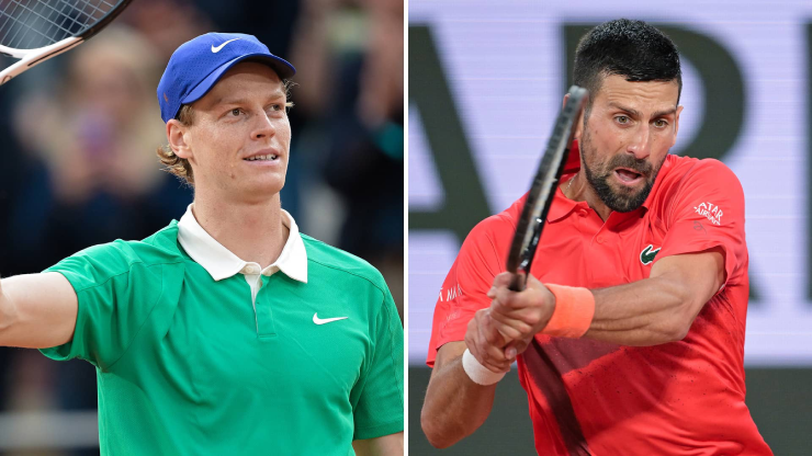 Sinner (áo xanh) được đánh giá cao hơn Djokovic (áo đỏ)