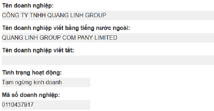 Công ty TNHH Quang Linh Group tạm ngừng kinh doanh.