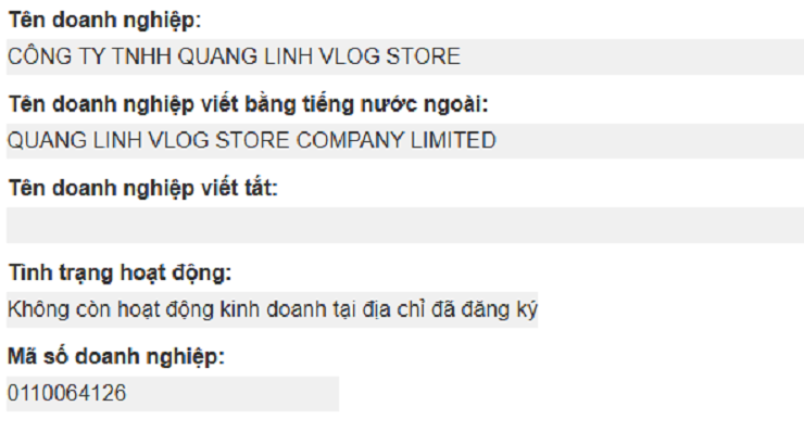 Công ty TNHH Quang Linh Vlog&nbsp;Store không còn&nbsp;hoạt động&nbsp;tại địa chỉ đã đăng ký.