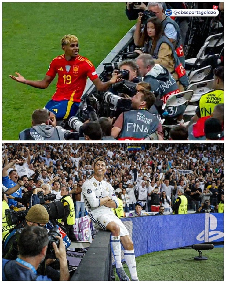 Tình huống Yamal (trên) tái hiện hình ảnh ăn mừng của C.Ronaldo (dưới) - Ảnh: CBS Sports