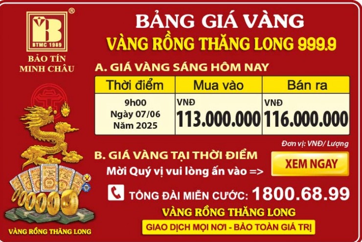 Giá Vàng Rồng Thăng Long- Bảo Tín Minh Châu ngày 7.6.2025