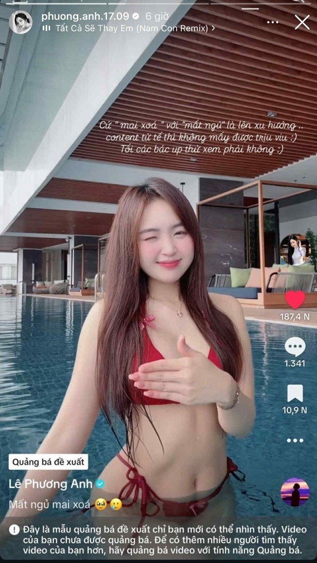 Theo đó, trong một buổi tối mất ngủ, hot girl Lê Phương Anh đã đăng tải một video ngắn lên TikTok, trong đó cô nàng diện trang phục bikini nóng bỏng, gợi cảm, thực hiện những động tác vũ đạo quyến rũ. Kèm theo đó là dòng chú thích: 'Mất ngủ, mai xóa'.