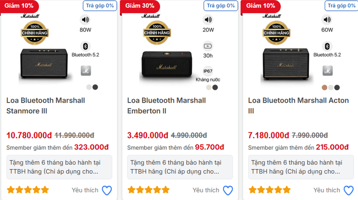 Giá bán sản phẩm chính hãng của Marshall được bán trên website CellphoneS