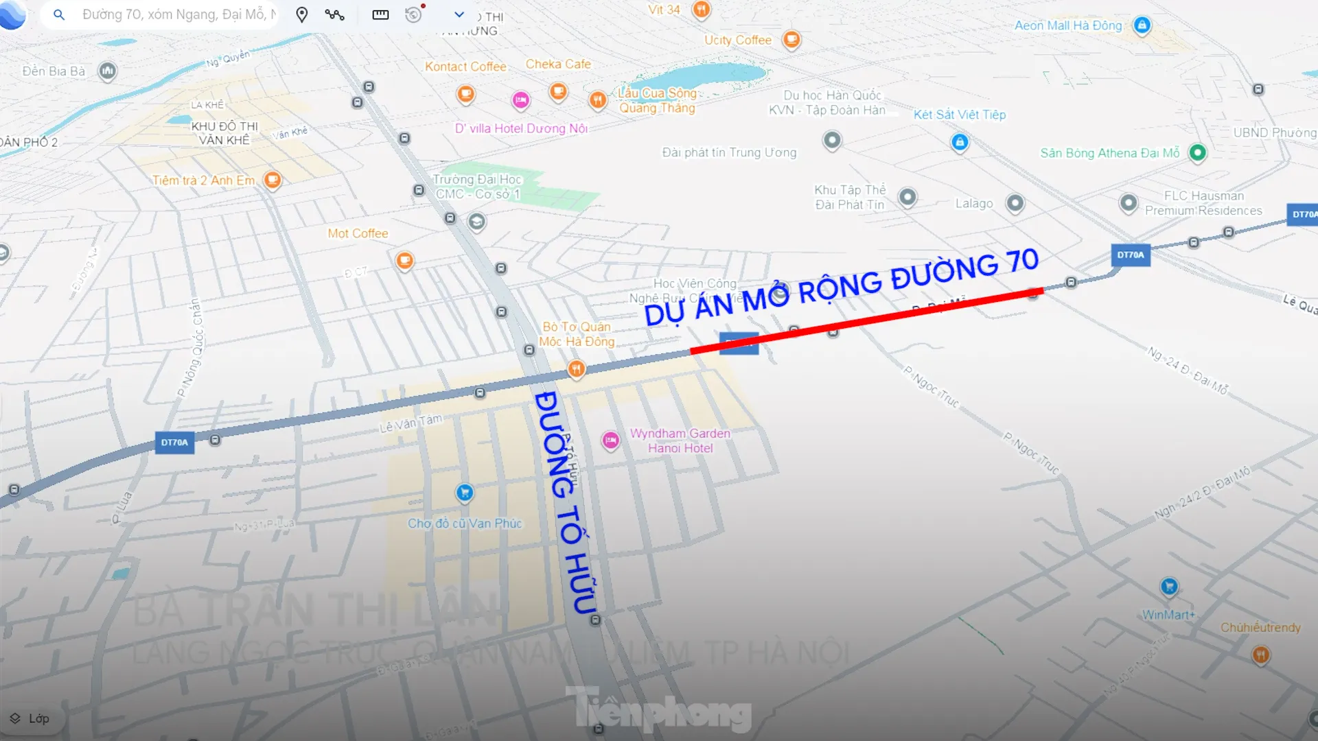 Khu vực Dự án mở rộng đoạn đường 70 qua phường Đại Mỗ (quận Nam Từ Liêm, TP Hà Nội). Ảnh: Google