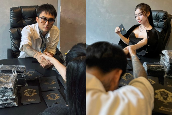 Đạt G và Cindy Lư chụp ảnh vui khi chuẩn bị thiệp cưới.