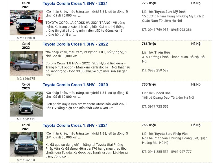 Corolla Cross Hybrid cũ được rao bán lại (Ảnh: Chụp màn hình).
