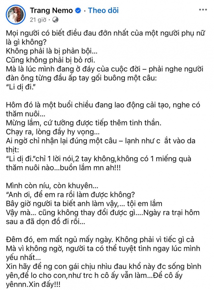 Chia sẻ gây xôn xao mạng xã hội của Trang Nemo.