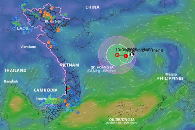 Hướng di chuyển của vùng áp thấp sắp mạnh lên thành áp thấp nhiệt đới, sau khả năng mạnh thành bão. Nguồn: VNDMS