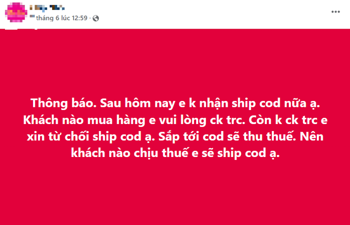 Một tài khoản bán hàng thông báo không nhận ship COD để tránh bị thu thuế