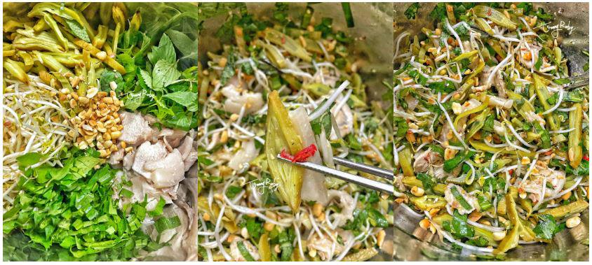 Nộm núc nác có thể ăn kèm với mắm tôm, mắm ruộng, cá nướng giã măng ớt hạt dổi. Vị đăng đắng, giòn giòn của quả núc nác cộng thêm các gia vị khác tạo thành món đặc sản mang đậm phong vị mùa hè vùng cao. Ảnh: Trang Ruby