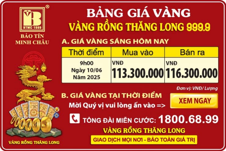Giá Vàng Rồng Thăng Long- Bảo Tín Minh Châu ngày 10.6.2025