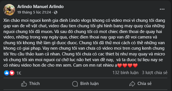 Lindo đã chia sẻ về tình trạng khó khăn khi không thể quay video thường xuyên. Ảnh chụp màn hình&nbsp;