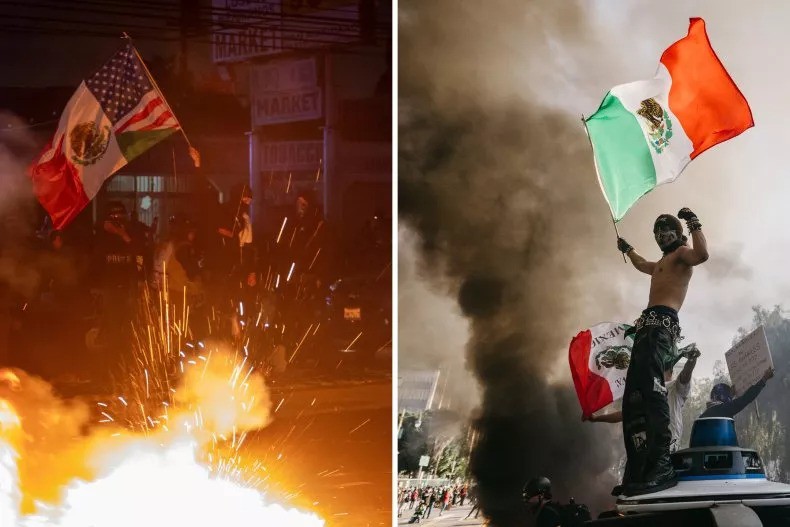 Cờ Mexico và biến thể xuất hiện trong bạo loạn ở bang California, Mỹ. Ảnh: Getty