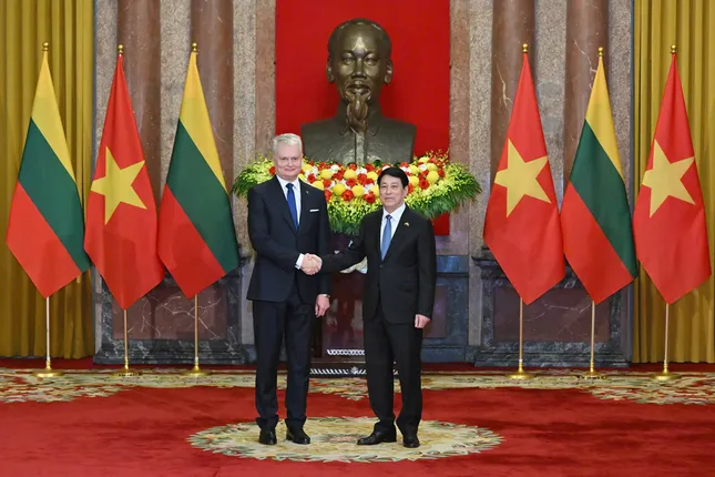 Chủ tịch nước Lương Cường và Tổng thống Cộng hòa Litva Gitanas Nauseda. (Ảnh: Nhật Minh)