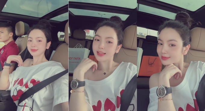 Chu Thanh Huyền quay video khoe hai túi quà Quang Hải mua tặng cô và con trai sau chuyến thi đấu Malaysia. Ảnh: Facebook Chu Thanh Huyền