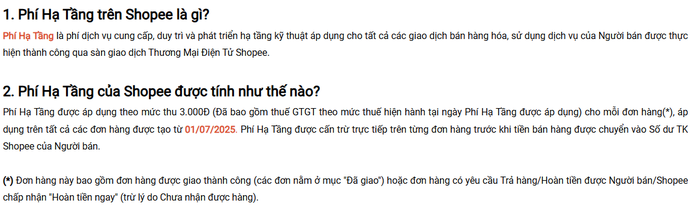 Shopee thông báo thu phí hạ tầng 3.000 đồng/đơn từ ngày 1-7. Nguồn: Shopee