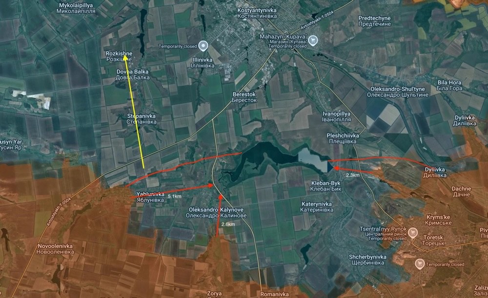 Bản đồ cho thấy Nga đang tạo ra một vòng vây lớn, bao trùm các đơn vị Ukraine còn cố thủ ở vùng ngoại ô thành phố Toretsk và phía nam Kostyantynivka. Ảnh: Suriyak/X.