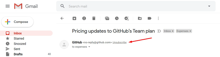 Nút hủy đăng ký được tích hợp sẵn trên Gmail.