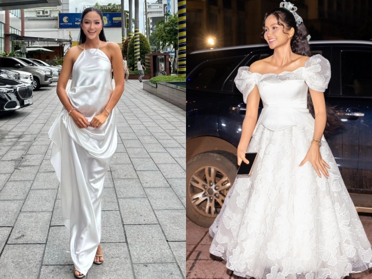 Lúc chưa công bố chuyện mang thai, H'Hen thường diện đầm rộng, có độ rũ tự nhiên hoặc váy nhiều lớp để giấu vòng hai khi xuất hiện trước công chúng.
