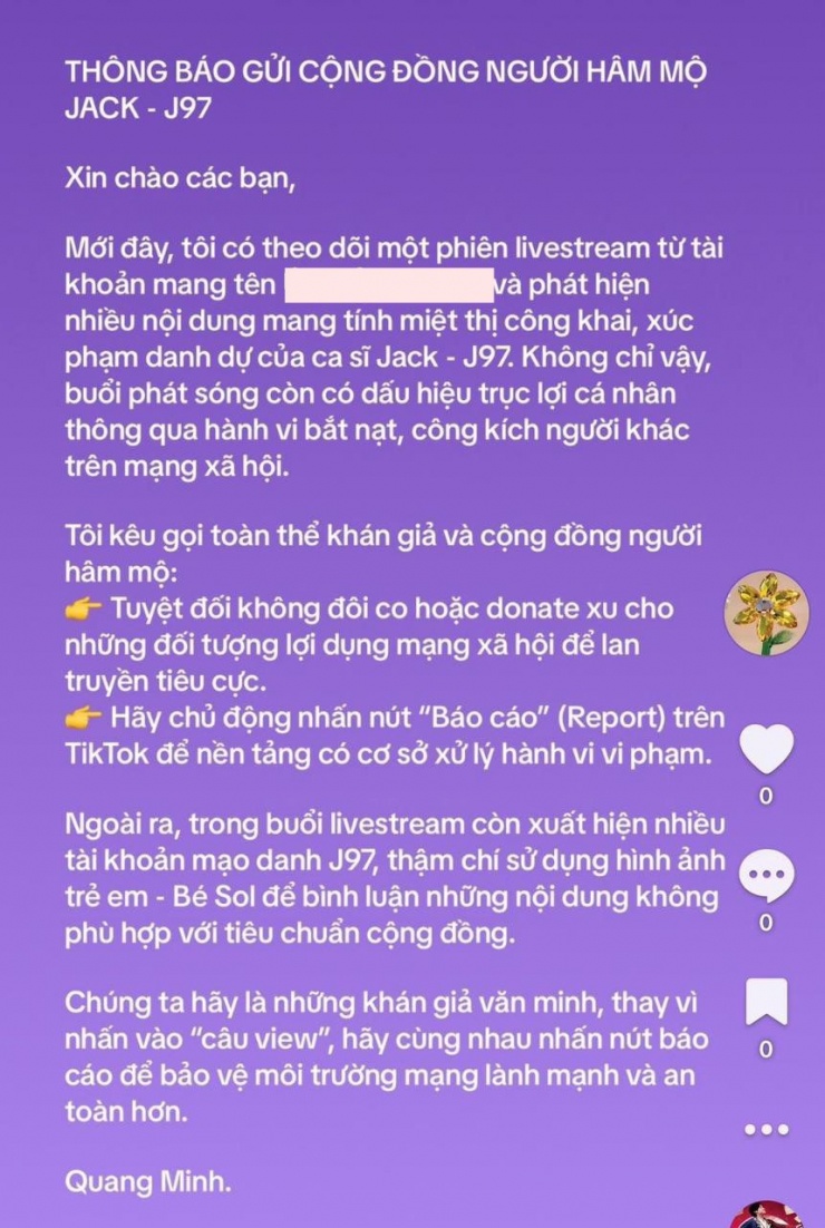 Thông báo được đăng tải trên kênh TikTok được cho là của đại diện PR của Jack&nbsp;