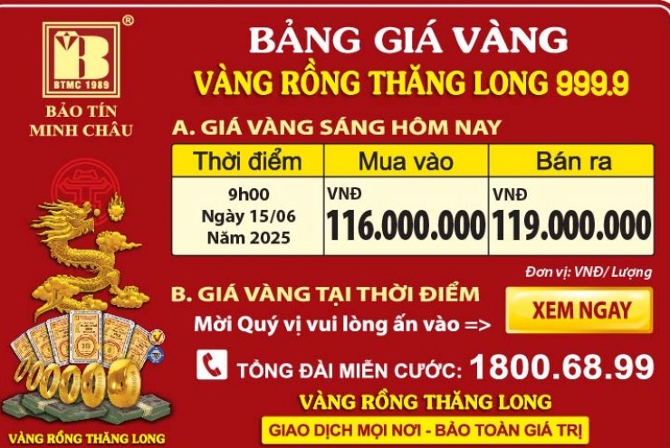 Giá Vàng Rồng Thăng Long- Bảo Tín Minh Châu ngày 15.6.2025