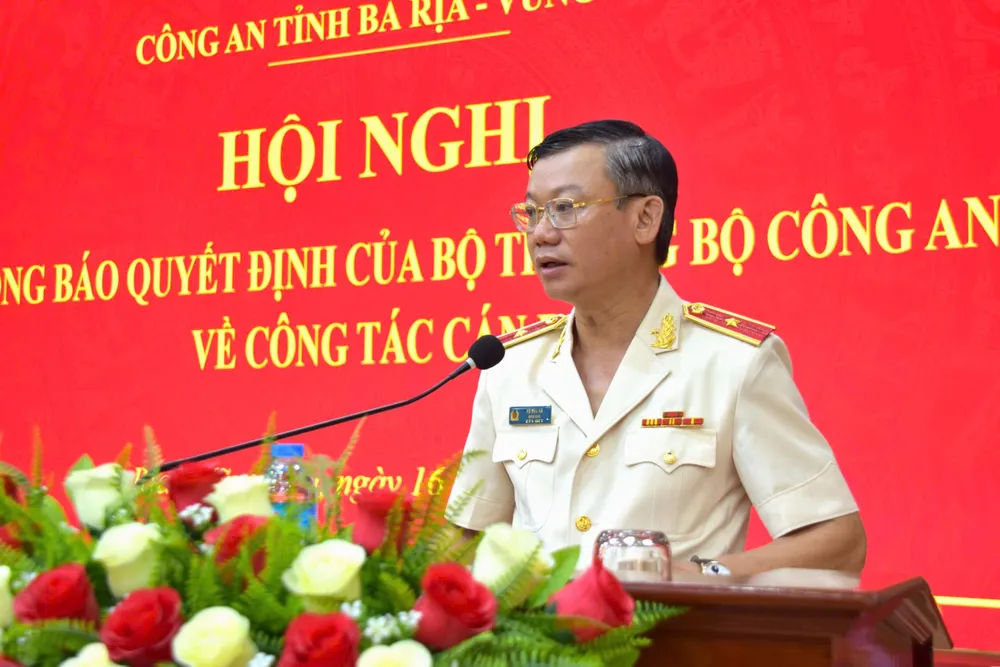 Thiếu tướng Vũ Như Hà phát biểu tại hội nghị thông báo quyết định của Bộ trưởng Bộ Công an về công tác cán bộ. Ảnh: TT
